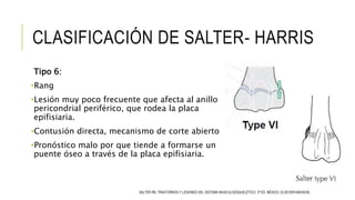 CLASIFICACIÓN DE SALTER- HARRIS
Tipo 6:
•Rang
•Lesión muy poco frecuente que afecta al anillo
pericondrial periférico, que rodea la placa
epifisiaria.
•Contusión directa, mecanismo de corte abierto
•Pronóstico malo por que tiende a formarse un
puente óseo a través de la placa epifisiaria.
SALTER RB. TRASTORNOS Y LESIONES DEL SISTEMA MUSCULOESQUELÉTICO. 3ª ED. MÉXICO: ELSEVIER-MASSON.
 