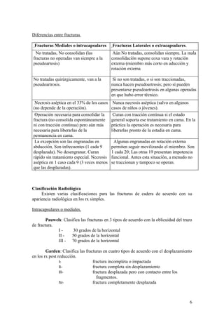 Diferencias entre fracturas

 Fracturas Mediales o intracapsulares        Fracturas Laterales o extracapsulares.
  No tratadas, No consolidan (las            Aún No tratadas, consolidan siempre. La mala
fracturas no operadas van siempre a la      consolidación supone coxa vara y rotación
pseudoartosis)                              externa (miembro más corto en aducción y
                                            rotación externa

No tratadas quirúrgicamente, van a la        Si no son tratadas, o si son traccionadas,
pseudoartrosis.                             nunca hacen pseudoartrosis; pero sí pueden
                                            presentarse pseudoartrosis en algunas operadas
                                            en que hubo error técnico.
 Necrosis aséptica en el 33% de los casos    Nunca necrosis aséptica (salvo en algunos
(no depende de la operación).               casos de niños o jóvenes).
 Operación necesaria para consolidar la      Curan con tracción continua si el estado
fractura (no consolida espontáneamente      general soporta ese tratamiento en cama. En la
ni con tracción continua) pero aún más      práctica la operación es necesaria para
necesaria para liberarlas de la             liberarlas pronto de la estadía en cama.
permanencia en cama.
 La excepción son las engranadas en          Algunas engranadas en rotación externa
abducción. Son infrecuentes (1 cada 9       permiten seguir movilizando el miembro. Son
desplazada). No desengranar. Curan          1 cada 20; Las otras 19 presentan impotencia
rápido sin tratamiento especial. Necrosis   funcional. Antes esta situación, a menudo no
aséptica en 1 caso cada 9 (3 veces menos    se traccionan y tampoco se operan.
que las desplazadas).



Clasificación Radiológica
     Existen varias clasificaciones para las fracturas de cadera de acuerdo con su
apariencia radiológica en los rx simples.

Intracapsulares o mediales.

        Pauwels: Clasifica las fracturas en 3 tipos de acuerdo con la oblicuidad del trazo
de fractura.
             I-       30 grados de la horizontal
             II -    50 grados de la horizontal
             III - 70 grados de la horizontal

        Garden: Clasifica las fracturas en cuatro tipos de acuerdo con el desplazamiento
en los rx post reducción.
                I-                fractura incompleta o impactada
                II-               fractura completa sin desplazamiento
                III-              fractura desplazada pero con contacto entre los
                                    fragmentos.
                IV-               fractura completamente desplazada



                                                                                        6
 