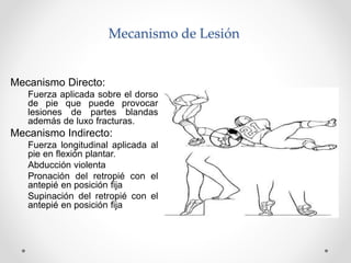 Mecanismo de Lesión
Mecanismo Directo:
Fuerza aplicada sobre el dorso
de pie que puede provocar
lesiones de partes blandas
además de luxo fracturas.
Mecanismo Indirecto:
Fuerza longitudinal aplicada al
pie en flexión plantar.
Abducción violenta
Pronación del retropié con el
antepié en posición fija
Supinación del retropié con el
antepié en posición fija
 