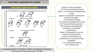 FRACTURAS, LUXACIONES DE LA MANO
FRACTURAS HUESOS DEL CARPO
Compresión en carga: Cierre de la curva sagital del
escafoides
Tracción: Abertura de la curva sagital del escafoides
CLASIFICACIÓN DE HERBERT
Escafoides se divide esquemáticamente en 3 segmentos:
Proximal, intermedio y distal
En cada segmento se observan 3 tipos de trazo de
fractura en función de su dirección
Combinación de esta información topográfica y su
estadio evolutivo:
grupo A: Fracturas estables:
— A1: fracturas parciales del polo
distal; — A2: fracturas incompletas del
cuerpo;
grupo B: corresponde a las fracturas
recientes inestables:
— B1: verticales oblicuas;
— B2: fracturas completas del cuerpo;
— B3: fracturas del polo proximal; —
B4: fracturas muy desplazadas
asociadas a una luxación
perisemilunar;
grupo C: corresponde a casos de
retardo de consolidación;
grupo D: constituido por la
seudoartrosis, la cual presenta dos
variedades:
— D1: seudoartrosis fibrosa;
— D2: seudoartrosis.
Encyclopedie Medico- Chirurgical , Elsevier Scientifiques et Medicales
“Fracturas de los huesos del carpo” año 2001
 