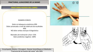 FRACTURAS, LUXACIONES DE LA MANO
FRACTURAS HUESOS DEL CARPO
Encyclopedie Medico- Chirurgical , Elsevier Scientifiques et Medicales
“Fracturas de los huesos del carpo” año 2001
EXAMEN CLÍNICO:
Dolor en tabaquera anatómica 30%
Dolor provocado a nivel de tubérculo de escafoides
60%
NO dolor ambos excluye el diagnóstico
Maniobra de inclinación ulnar= 55%
Valor predictivo negativo: 100%
 