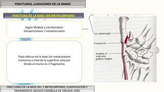 FRACTURAS, LUXACIONES DE LA MANO
FRACTURA DE LA BASE 1ER METACARPIANO
FRACTURAS DE LA BASE DEL 1 METACARPIANO, CLASIFICACION Y
TRATAMIENTO, REVISTA ESPAÑOLA DE CIRUGIA 1990.
Según McNeal y Liechtenstein:
Extraarticulares / intraarticulares
Trazo oblicuo en la base 1er metacarpiano
Comienza a nivel de la superficie articular
Divide al mismo en 2 fragmentos
 