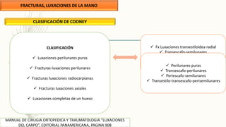 FRACTURAS, LUXACIONES DE LA MANO
MANUAL DE CIRUGIA ORTOPEDICA Y TRAUMATOLOGIA “LUXACIONES
DEL CARPO”, EDITORIAL PANAMERICANA, PAGINA 908
CLASIFICACIÓN DE COONEY
CLASIFICACIÓN
 Luxaciones perilunares puras
 Fracturas-luxaciones perilunares
 Fracturas luxaciones radiocarpianas
 Fracturas luxaciones axiales
 Luxaciones completas de un hueso
 Fx Luxaciones transestiloidea radial
 Transescafo-semilunares
 Escafo-semilunares
 Perilunares puras
 Transescafo-perilunares
 Periescafo-semilunares
 Transestilo-transescafo-perisemilunares
 