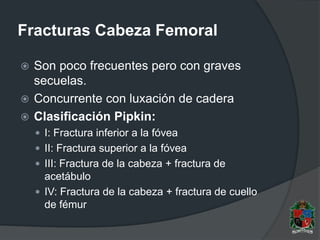 Fracturas Cabeza Femoral
 Son poco frecuentes pero con graves
secuelas.
 Concurrente con luxación de cadera
 Clasificación Pipkin:
 I: Fractura inferior a la fóvea
 II: Fractura superior a la fóvea
 III: Fractura de la cabeza + fractura de
acetábulo
 IV: Fractura de la cabeza + fractura de cuello
de fémur
 