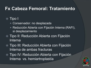 Fx Cabeza Femoral: Tratamiento
 Tipo I
 Conservador: no desplazada
 Reducción Abierta con Fijación Interna (RAFI),
si desplazamiento
 Tipo II: Reducción Abierta con Fijación
Interna
 Tipo III: Reducción Abierta con Fijación
Interna de ambas fracturas
 Tipo IV: Reducción Abierta con Fijación
Interna vs. hemiartroplastía
 