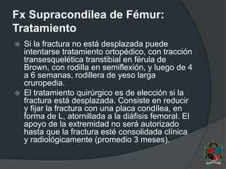 Fx Supracondilea de Fémur:
Tratamiento
 Si la fractura no está desplazada puede
intentarse tratamiento ortopédico, con tracción
transesquelética transtibial en férula de
Brown, con rodilla en semiflexión, y luego de 4
a 6 semanas, rodillera de yeso larga
cruropedia.
 El tratamiento quirúrgico es de elección si la
fractura está desplazada. Consiste en reducir
y fijar la fractura con una placa condílea, en
forma de L, atornillada a la diáfisis femoral. El
apoyo de la extremidad no será autorizado
hasta que la fractura esté consolidada clínica
y radiológicamente (promedio 3 meses).
 