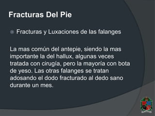 Fracturas Del Pie
 Fracturas y Luxaciones de las falanges
La mas común del antepie, siendo la mas
importante la del hallux, algunas veces
tratada con cirugía, pero la mayoría con bota
de yeso. Las otras falanges se tratan
adosando el dodo fracturado al dedo sano
durante un mes.
 