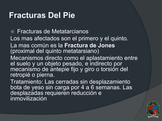 Fracturas Del Pie
 Fracturas de Metatarcianos
Los mas afectados son el primero y el quinto.
La mas común es la Fractura de Jones
(proximal del quinto metatarsiano)
Mecanismos directo como el aplastamiento entre
el suelo y un objeto pesado, e indirecto por
mecanismo de antepie fijo y giro o torsión del
retropié o pierna.
Tratamiento: Las cerradas sin desplazamiento
bota de yeso sin carga por 4 a 6 semanas. Las
desplazadas requieren reducción e
inmovilización
 