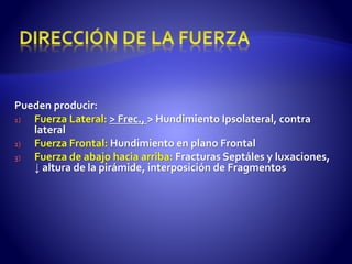 Pueden producir:
1) Fuerza Lateral: > Frec., > Hundimiento Ipsolateral, contra
lateral
2) Fuerza Frontal: Hundimiento en plano Frontal
3) Fuerza de abajo hacia arriba: Fracturas Septáles y luxaciones,
↓ altura de la pirámide, interposición de Fragmentos
 