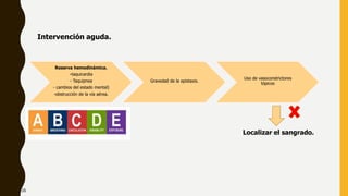Reserva hemodinámica.
-taquicardia
- Taquipnea
- cambios del estado mental)
-obstrucción de la vía aérea.
Gravedad de la epistaxis.
Uso de vasoconstrictores
tópicos
Intervención aguda.
Localizar el sangrado.
26
 