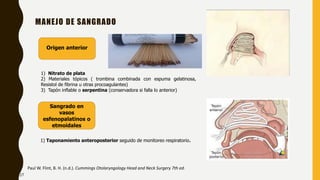 MANEJO DE SANGRADO
Paul W. Flint, B. H. (n.d.). Cummings Otolaryngology Head and Neck Surgery 7th ed.
Origen anterior
Sangrado en
vasos
esfenopalatinos o
etmoidales
1) Nitrato de plata
2) Materiales tópicos ( trombina combinada con espuma gelatinosa,
Resistol de fibrina u otras procoagulantes)
3) Tapón inflable o serpentina (conservadora si falla lo anterior)
1) Taponamiento anteroposterior seguido de monitoreo respiratorio.
27
 