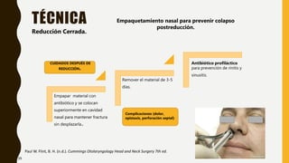 TÉCNICA
Paul W. Flint, B. H. (n.d.). Cummings Otolaryngology Head and Neck Surgery 7th ed.
Reducción Cerrada.
Empapar material con
antibiótico y se colocan
superiormente en cavidad
nasal para mantener fractura
sin desplazarla..
Remover el material de 3-5
días.
Antibiótico profiláctico
para prevención de rinitis y
sinusitis.
Empaquetamiento nasal para prevenir colapso
postreducción.
.CUIDADOS DESPUÉS DE
REDUCCIÓN.
Complicaciones (dolor,
epistaxis, perforación septal)
39
 