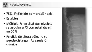 FX DORSOLUMBARES
• 75%. Fx flexión-compresión axial
• Estables
• Múltiple Fx en distintos niveles,
se asocian a FX con estallido en
un 50%
• Perdida de altura sólo, no se
puede distinguir Fx aguda ó
crónica
 