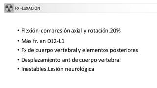 FX -LUXACIÓN
• Flexión-compresión axial y rotación.20%
• Más fr. en D12-L1
• Fx de cuerpo vertebral y elementos posteriores
• Desplazamiento ant de cuerpo vertebral
• Inestables.Lesión neurológica
 