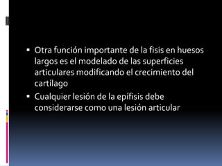  Otra función importante de la fisis en huesos
  largos es el modelado de las superficies
  articulares modificando el crecimiento del
  cartílago
 Cualquier lesión de la epífisis debe
  considerarse como una lesión articular
 