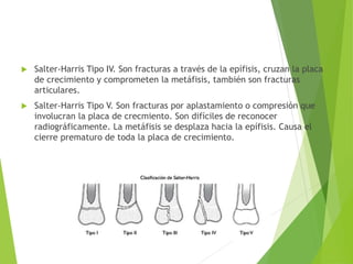 Salter-Harris Tipo IV. Son fracturas a través de la epífisis, cruzan la placa
de crecimiento y comprometen la metáfisis, también son fracturas
articulares.
 Salter-Harris Tipo V. Son fracturas por aplastamiento o compresión que
involucran la placa de crecmiento. Son difíciles de reconocer
radiográficamente. La metáfisis se desplaza hacia la epífisis. Causa el
cierre prematuro de toda la placa de crecimiento.
 