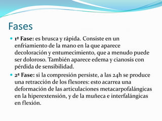 Fases
 1ª Fase: es brusca y rápida. Consiste en un
  enfriamiento de la mano en la que aparece
  decoloración y entumecimiento, que a menudo puede
  ser doloroso. También aparece edema y cianosis con
  pérdida de sensibilidad.
 2ª Fase: si la compresión persiste, a las 24h se produce
  una retracción de los flexores: esto acarrea una
  deformación de las articulaciones metacarpofalángicas
  en la hiperextensión, y de la muñeca e interfalángicas
  en flexión.
 