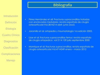 Bibliografía

 Introducción
                 •   Pérez Hernández et all; Fracturas supracondilias tratadas
  Definición         con enclavados medulares ;revista española de cirugía
                     osteoarticular;Vol.38-N214 abril- junio 2oo3.
   Etiología
                 •   Jaramillo et al; ortopedia y traumatología 1ra edición 2002.
Cuadro Clínico
                 •   Lisse et al; fracturas supracondilias femur; revista española
                     de cirugia ortopedica vol 21 N 139 julio septiembre 2000
 Diagnostico
                 •   Manrique et al; fracturas supracondilias; revista española de
 Clasificación
                     cirugía osteoarticular;Vol.47-N249 enero – marzo 2012

Complicaciones

   Manejo
 