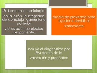 Se basa en la morfología
de la lesión, la integridad
del complejo ligamentario
posterior
y el estado neurológico
del paciente.
escala de gravedad para
ayudar a decidir el
tratamiento
ncluye el diagnóstico por
RM dentro de la
valoración y pronóstico
 