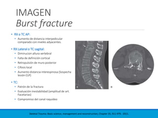 IMAGEN
Burst fracture
• RX o TC AP:
• Aumento de distancia interpedicular
comparado con niveles adyacentes.
• RX Lateral o TC sagital:
• Diminucion altura vertebral
• Falta de definición cortical
• Retropulsión de muro posterior
• Cifosis local
• Aumento distancia interespinosa (Sospecha
lesión CLP)
• TC:
• Patrón de la fractura
• Evaluación inestabilidad (amplitud de art.
Facetarias)
• Compromiso del canal raquideo
Skeletal Trauma: Basic science, management and reconstruction, Chapter 35, 911-979. 2015.
 