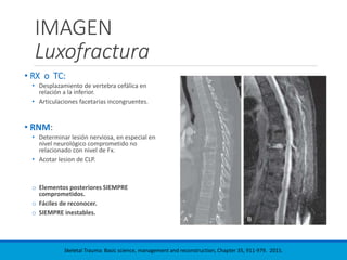 IMAGEN
Luxofractura
• RX o TC:
• Desplazamiento de vertebra cefálica en
relación a la inferior.
• Articulaciones facetarias incongruentes.
• RNM:
• Determinar lesión nerviosa, en especial en
nivel neurológico comprometido no
relacionado con nivel de Fx.
• Acotar lesion de CLP.
o Elementos posteriores SIEMPRE
comprometidos.
o Fáciles de reconocer.
o SIEMPRE inestables.
Skeletal Trauma: Basic science, management and reconstruction, Chapter 35, 911-979. 2015.
 