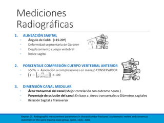 Mediciones
Radiográficas
1. ALINEACIÓN SAGITAL
◦ Ángulo de Cobb (>15-20º)
◦ Deformidad segmentaria de Gardner
◦ Desplazamiento cuerpo vertebral
◦ Índice sagital
2. PORCENTAJE COMPRESIÓN CUERPO VERTEBRAL ANTERIOR
◦ >50% = Asociación a complicaciones en manejo CONSERVADOR
◦
3. DIMENSIÓN CANAL MEDULAR
◦ Área transversal del canal (Mejor correlación con outcome neuro.)
◦ Porcentaje de oclusión del canal: En base a: Áreas transversales o Diámetros sagitales
◦ Relación Sagital a Transverso
Keynan O.: Radiographic measurement parameters in thoracolumbar fractures: a systematic review and consensus
statement of the spine trauma study group. Spine, 31(5). 2006.
 