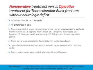 Nonoperative treatment versus Operative
treatment for Thoracolumbar Burst fractures
without neurologic deficit
 Follow-up time: 24 to 118 months.
 No differences in pain.
 At approximately 4 years, the operative group had an improvement in kyphosis
from baseline by 1.8 degrees with a mean of 11 degrees, as opposed to a
kyphosis of 16 degrees with a worsening of 3.3 degrees in the nonoperative
group.
 There was also no association found between kyphosis and pain.
 Operative treatment was also associated with higher complication rates and
costs.
 Return to work rate were statistically insignificant difference.
Gnanenthiran SR, Adie S, Harris IA: Nonoperative versus operative treatment for thoracolumbar burst fractures without
neurologic deficit: a meta-analysis. Clin Orthop Relat Res 470(2):567–577, 2012
 
