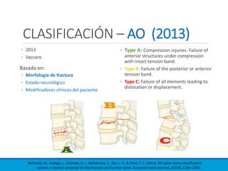 CLASIFICACIÓN – AO (2013)
◦ 2013
◦ Vaccaro
Basada en:
◦ Morfología de fractura
◦ Estado neurológico
◦ Modificadores clínicos del paciente
◦ Type A: Compression injuries. Failure of
anterior structures under compression
with intact tension band.
◦ Type B: Failure of the posterior or anterior
tension band.
◦ Type C: Failure of all elements leading to
dislocation or displacement.
Reinhold, M., Audigé, L., Schnake, K. J., Bellabarba, C., Dai, L.-Y., & Oner, F. C. (2013). AO spine injury classification
system: a revision proposal for the thoracic and lumbar spine. European Spine Journal, 22(10), 2184–2201.
 
