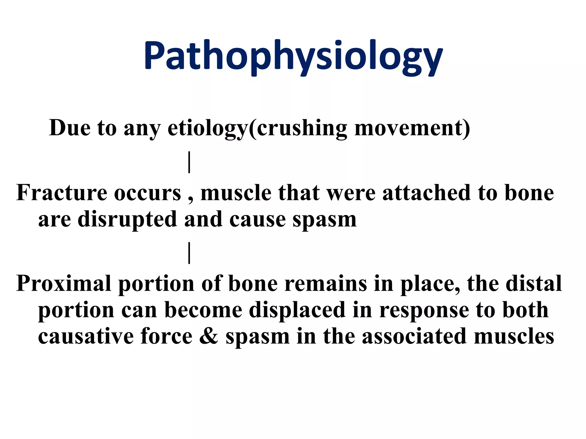 Pathophysiology
Due to any etiology(crushing movement)
|
Fracture occurs , muscle that were attached to bone
are disrupted and cause spasm
|
Proximal portion of bone remains in place, the distal
portion can become displaced in response to both
causative force & spasm in the associated muscles
 