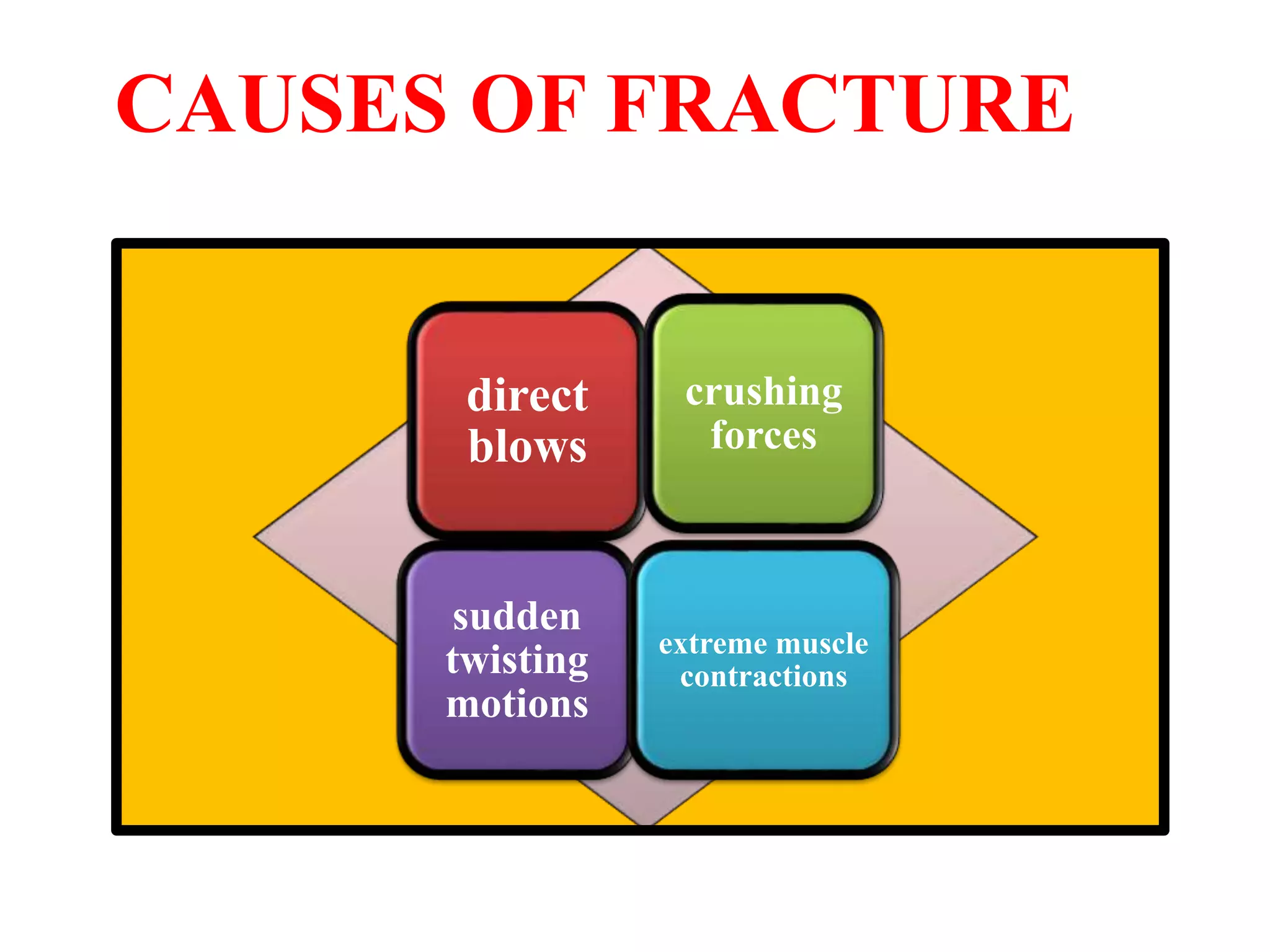 CAUSES OF FRACTURE
direct
blows
crushing
forces
sudden
twisting
motions
extreme muscle
contractions
 