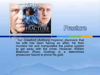 Fracture  Ted Crawford (Anthony Hopkins) discovers that his wife has been having an affair. He then murders her and manipulates the justice system to get away with the crime. However, William Beachum (Ryan Gosling) is a determined prosecutor bound to prove his guilt. 