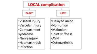 EARLY
•Visceral injury
•Vascular injury
•Compartment
syndrome
•Nerve injury
•Haemarthrosis
•Infection
•Delayed union
•Non-union
•Malunion
•Joint stiffness
•AVN
•Osteoarthritis
LATE
LOCAL complication
 