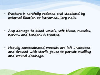 • fracture is carefully reduced and stabilized by
external fixation or intramedullary nails.
• Any damage to blood vessels, soft tissue, muscles,
nerves, and tendons is treated.
• Heavily contaminated wounds are left unsutured
and dressed with sterile gauze to permit swelling
and wound drainage.
 