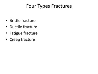 Four Types Fractures
• Brittle fracture
• Ductile fracture
• Fatigue fracture
• Creep fracture
 