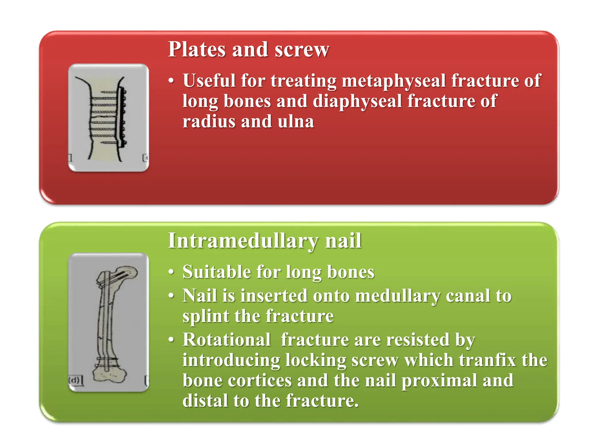 Plates and screw
• Useful for treating metaphyseal fracture of
long bones and diaphyseal fracture of
radius and ulna
Intramedullary nail
• Suitable for long bones
• Nail is inserted onto medullary canal to
splint the fracture
• Rotational fracture are resisted by
introducing locking screw which tranfix the
bone cortices and the nail proximal and
distal to the fracture.
 