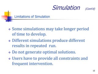 Simulation   (Cont’d)

     Limitations of Simulation


   Some simulations may take longer period
    of time to develop.
   Different simulations produce different
    results in repeated run.
   Do not generate optimal solutions.
   Users have to provide all constraints and
    frequent intervention.
                                                    15
 