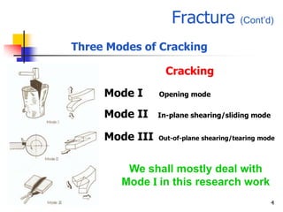 Fracture            (Cont’d)

Three Modes of Cracking

                  Cracking

     Mode I     Opening mode

     Mode II    In-plane shearing/sliding mode


     Mode III   Out-of-plane shearing/tearing mode




         We shall mostly deal with
        Mode I in this research work
                                                 4
 