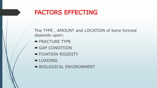FACTORS EFFECTING
The TYPE , AMOUNT and LOCATION of bone formed
depends upon:
 FRACTURE TYPE
 GAP CONDITION
 FIXATION RIGIDITY
 LOADING
 BIOLOGICAL ENVIRONMENT
 