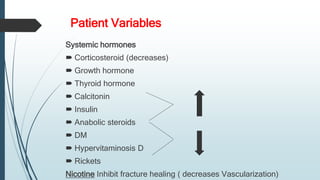 Patient Variables
Systemic hormones
 Corticosteroid (decreases)
 Growth hormone
 Thyroid hormone
 Calcitonin
 Insulin
 Anabolic steroids
 DM
 Hypervitaminosis D
 Rickets
Nicotine Inhibit fracture healing ( decreases Vascularization)
 