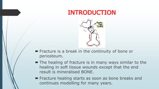 INTRODUCTION
 Fracture is a break in the continuity of bone or
periosteum.
 The healing of fracture is in many ways similar to the
healing in soft tissue wounds except that the end
result is mineralised BONE.
 Fracture healing starts as soon as bone breaks and
continues modelling for many years.
 