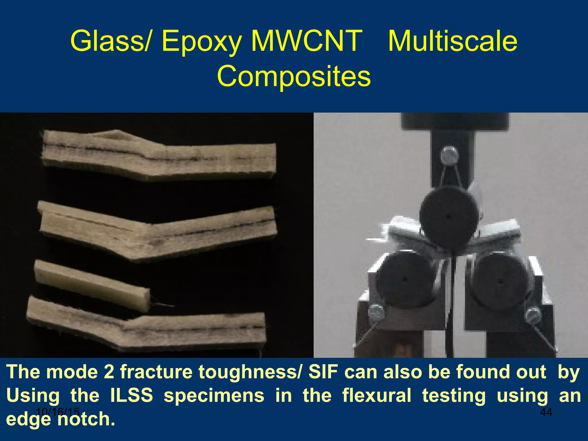 10/16/15 44
Glass/ Epoxy MWCNT Multiscale
Composites
The mode 2 fracture toughness/ SIF can also be found out by
Using the ILSS specimens in the flexural testing using an
edge notch.
 