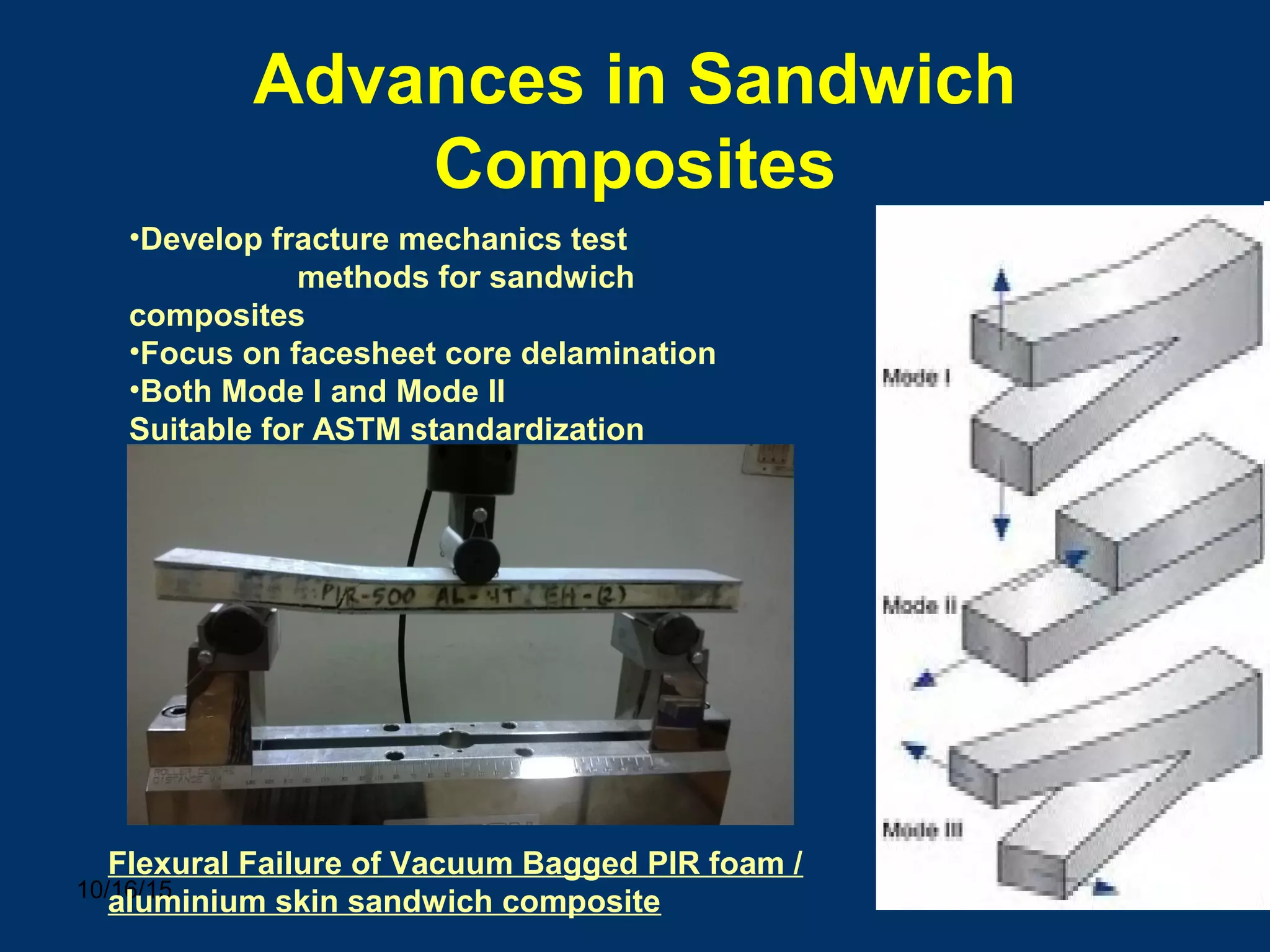 10/16/15 45
Advances in Sandwich
Composites
•Develop fracture mechanics test
methods for sandwich
composites
•Focus on facesheet core delamination
•Both Mode I and Mode II
Suitable for ASTM standardization
Flexural Failure of Vacuum Bagged PIR foam /
aluminium skin sandwich composite
 