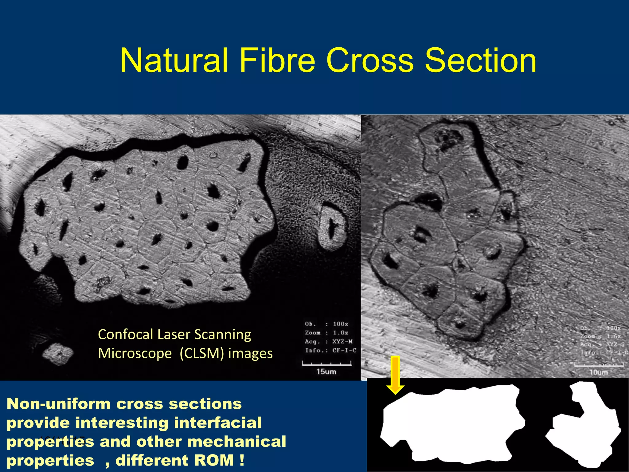 10/16/15 65
Natural Fibre Cross Section
Confocal Laser Scanning
Microscope (CLSM) images
Non-uniform cross sections
provide interesting interfacial
properties and other mechanical
properties , different ROM !
 