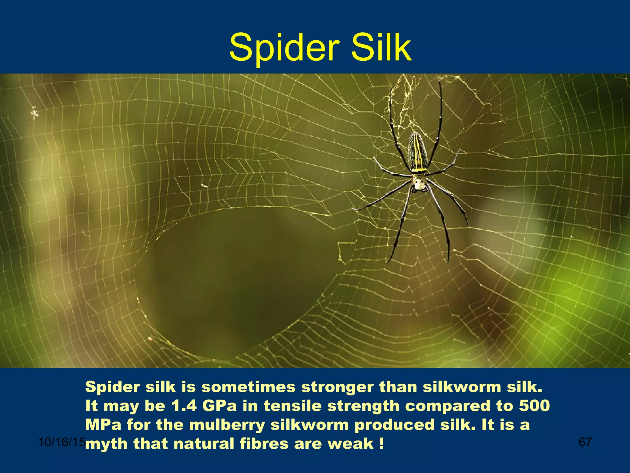 10/16/15 67
Spider Silk
Spider silk is sometimes stronger than silkworm silk.
It may be 1.4 GPa in tensile strength compared to 500
MPa for the mulberry silkworm produced silk. It is a
myth that natural fibres are weak !
 