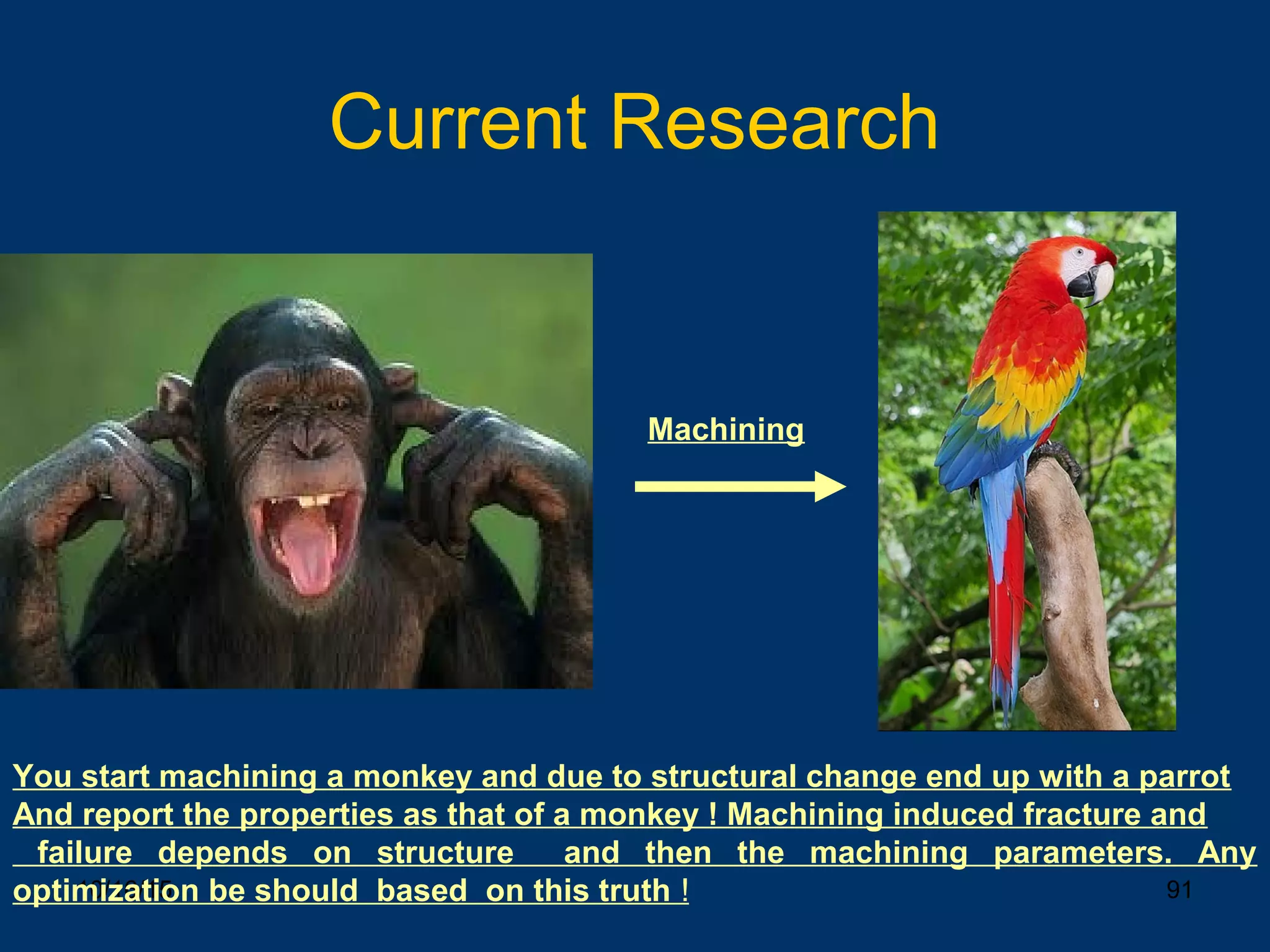 10/16/15 91
Current Research
Machining
You start machining a monkey and due to structural change end up with a parrot
And report the properties as that of a monkey ! Machining induced fracture and
failure depends on structure and then the machining parameters. Any
optimization be should based on this truth !
 