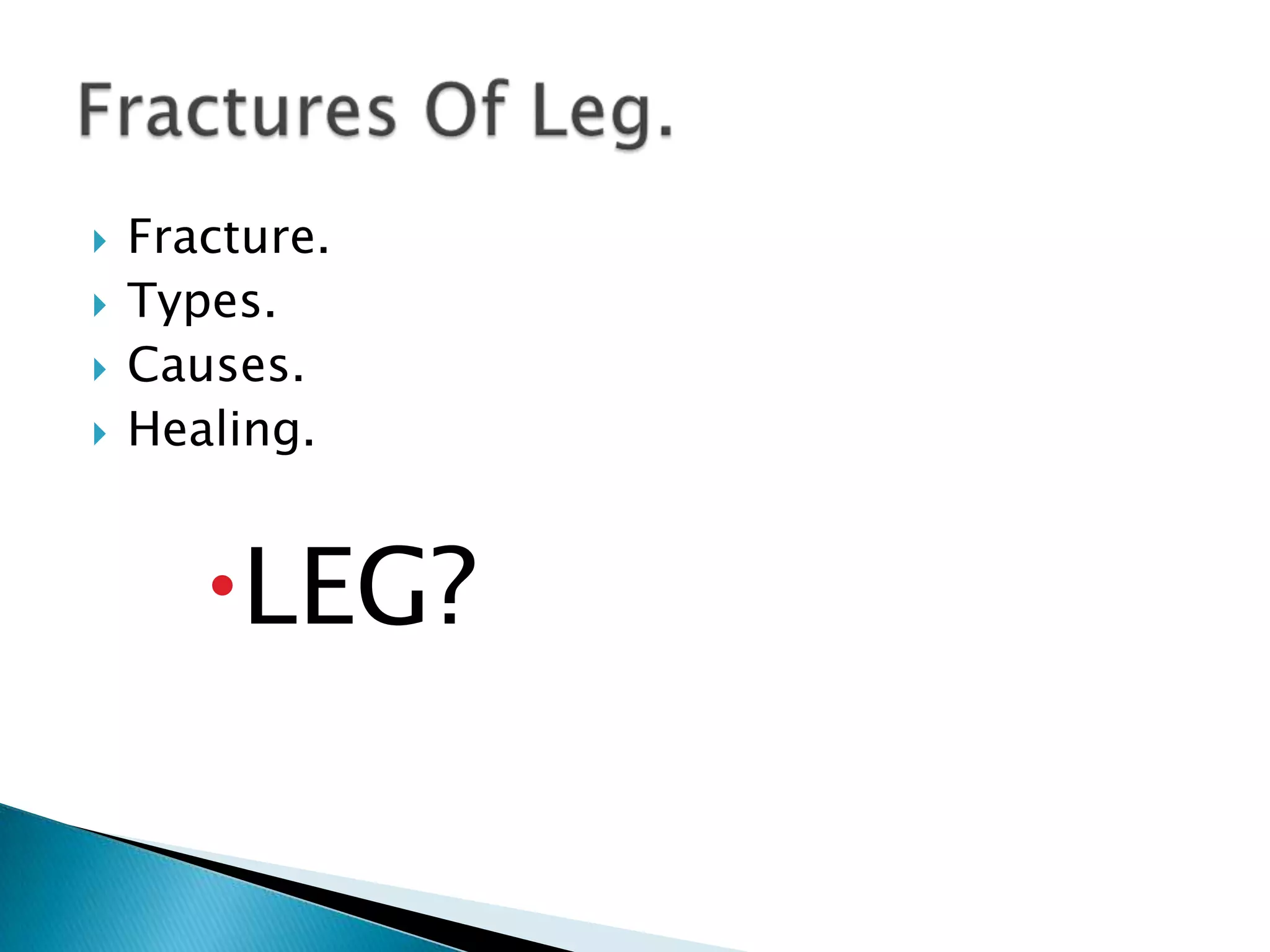 




Fracture.
Types.
Causes.
Healing.

LEG?

 