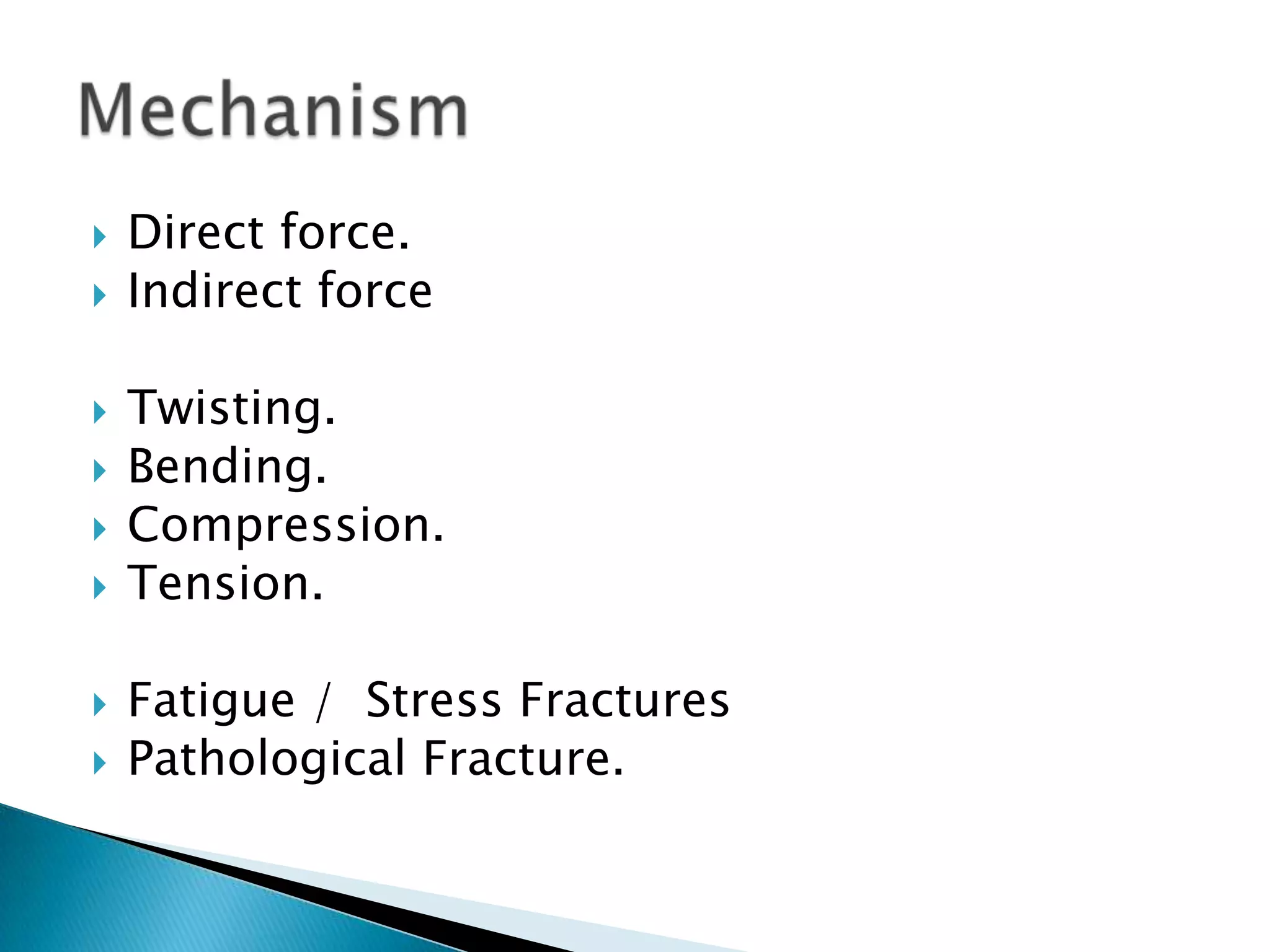 









Direct force.
Indirect force
Twisting.
Bending.
Compression.
Tension.
Fatigue / Stress Fractures
Pathological Fracture.

 