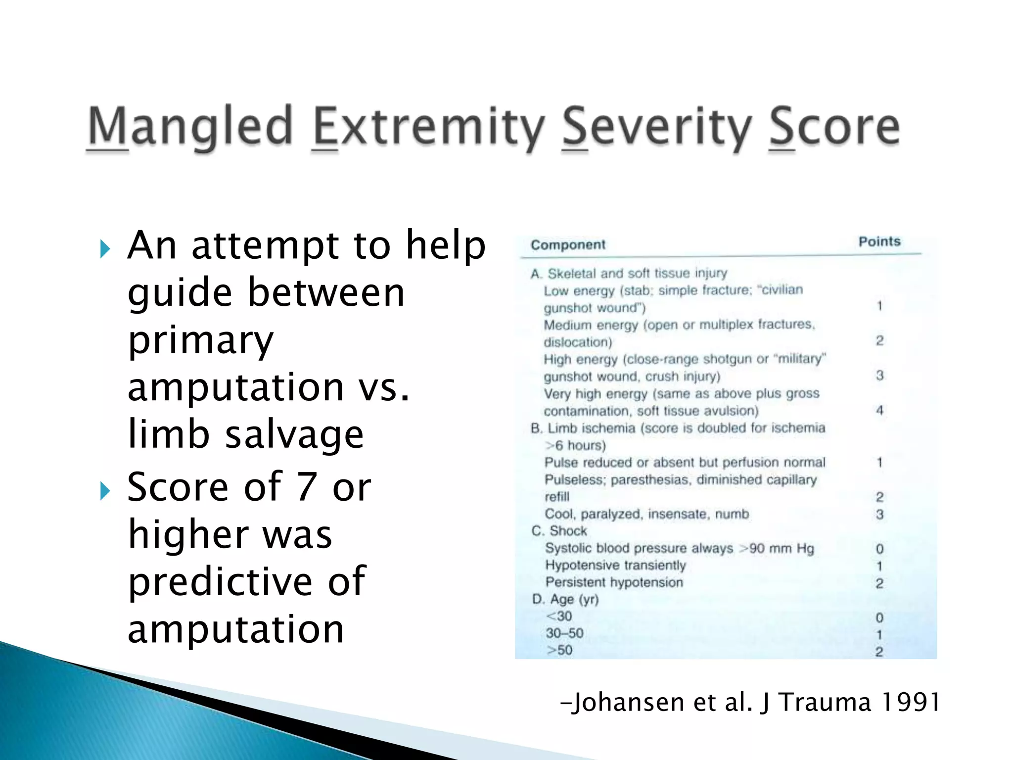 



An attempt to help
guide between
primary
amputation vs.
limb salvage
Score of 7 or
higher was
predictive of
amputation
-Johansen et al. J Trauma 1991

 