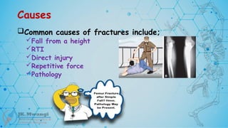 Causes
Common causes of fractures include;
Fall from a height
RTI
Direct injury
Repetitive force
Pathology
 