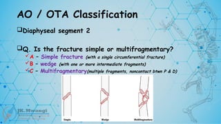 AO / OTA Classification
Diaphyseal segment 2
Q. Is the fracture simple or multifragmentary?
A – Simple fracture (with a single circumferential fracture)
B – wedge (with one or more intermediate fragments)
C – Multifragmentary(multiple fragments, noncontact btwn P & D)
 